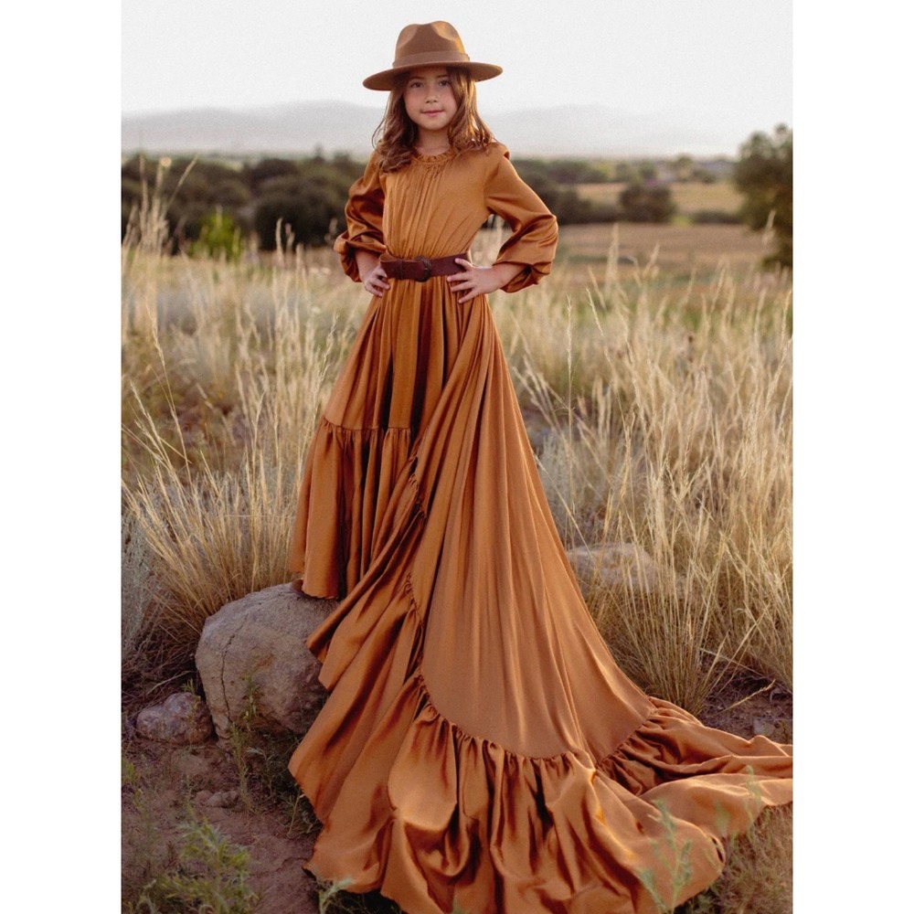 Joyfolie Leana Impact Dress Dark Honey Brown Satin Ruffle High Low Gown Kids 8